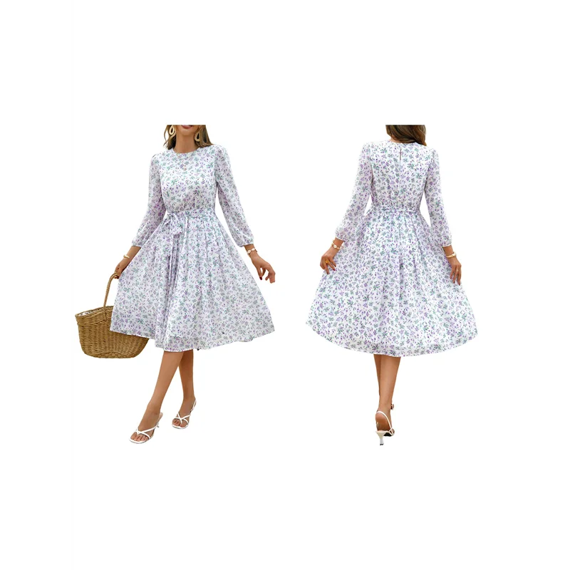 【D75C】Women 2025 Fall Casual Long Sleeve Crew Neck A-Line Flowy Floral Boho Wedding Guest Maxi Dresses