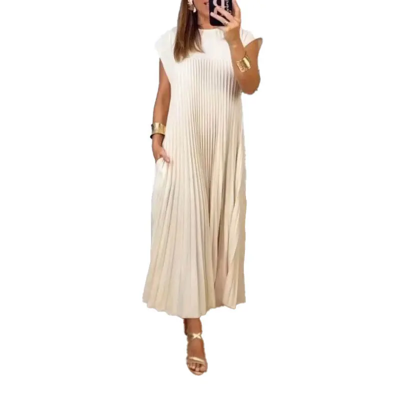 Summer New European And American Women\'s Clothing Elegant Fashion Round Neck Sleeveless Pleated Long Dress White Dress Women