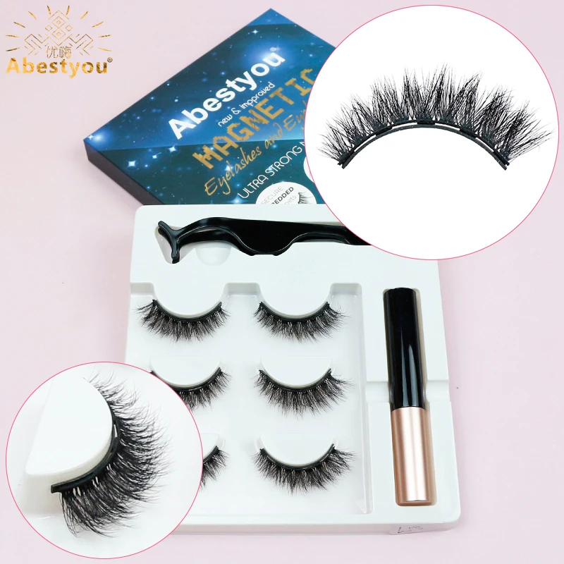 Abestyou Set of 5 Magnetic False Fluffy 5d Eyelashes & Eyeliner With Tweezer Kit Cat Eye Mink Lashes Box Packaging Magnetiques