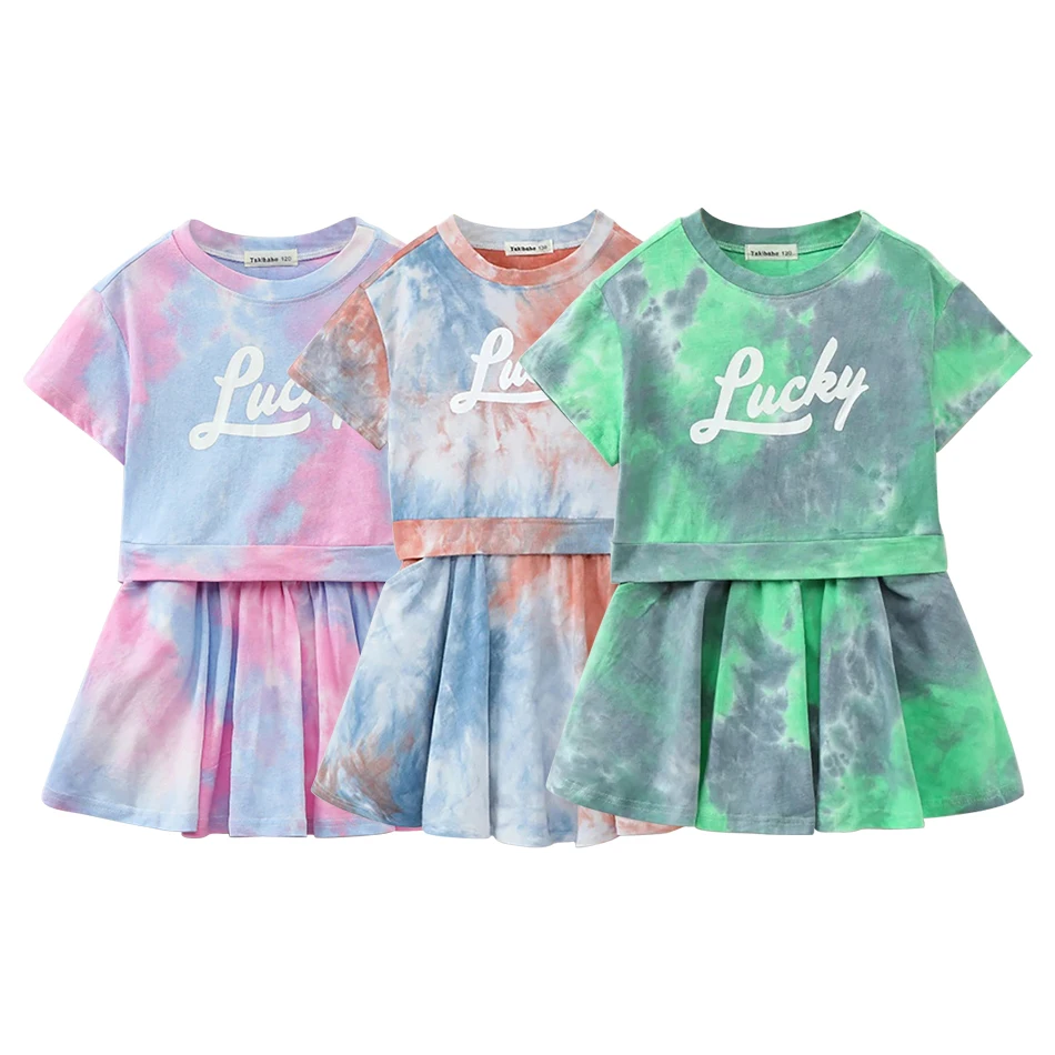 

Fun Camouflage Girls Summer Short Sleeved Sports Set Tie-Dye Detail Letter Top and Skirt Children Clothing Soft Children Sets