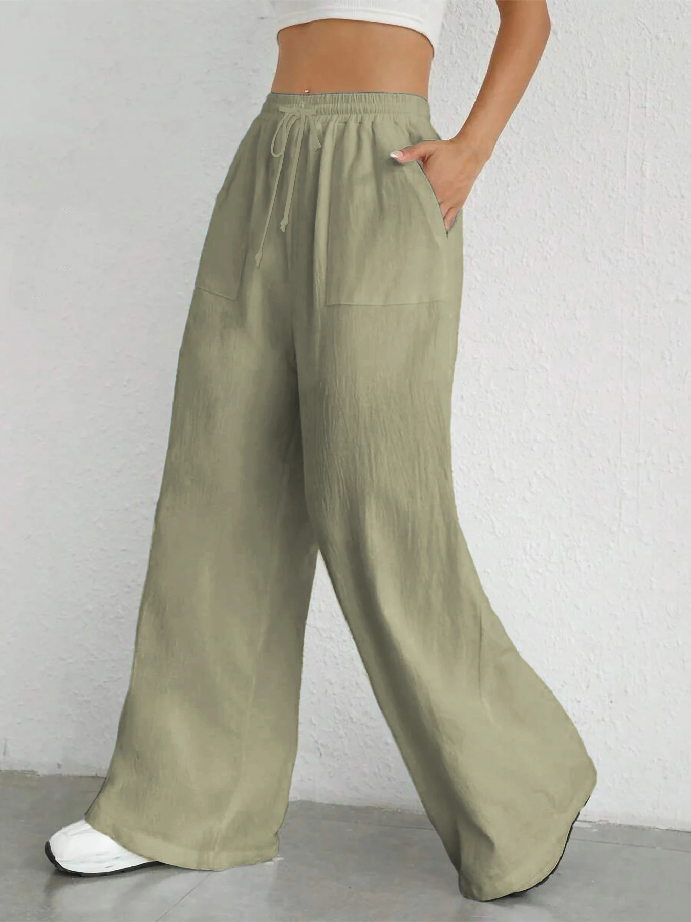 Damen-Hose in Unifarbe, lockere Hose mit weitem Bein, lässige Hose mit Kordelzug, gerade Hose mit Taschen, lässige Hose, lockere Hose mit hoher Taille – Detail 10