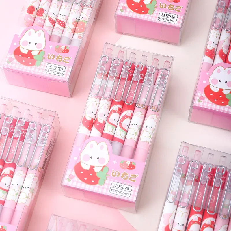 6 pcs Random Cartoon Chubby Rabbit Strawberry Mechanical Gel Pen Stationery For Writing School Office Supplies Cute Pens