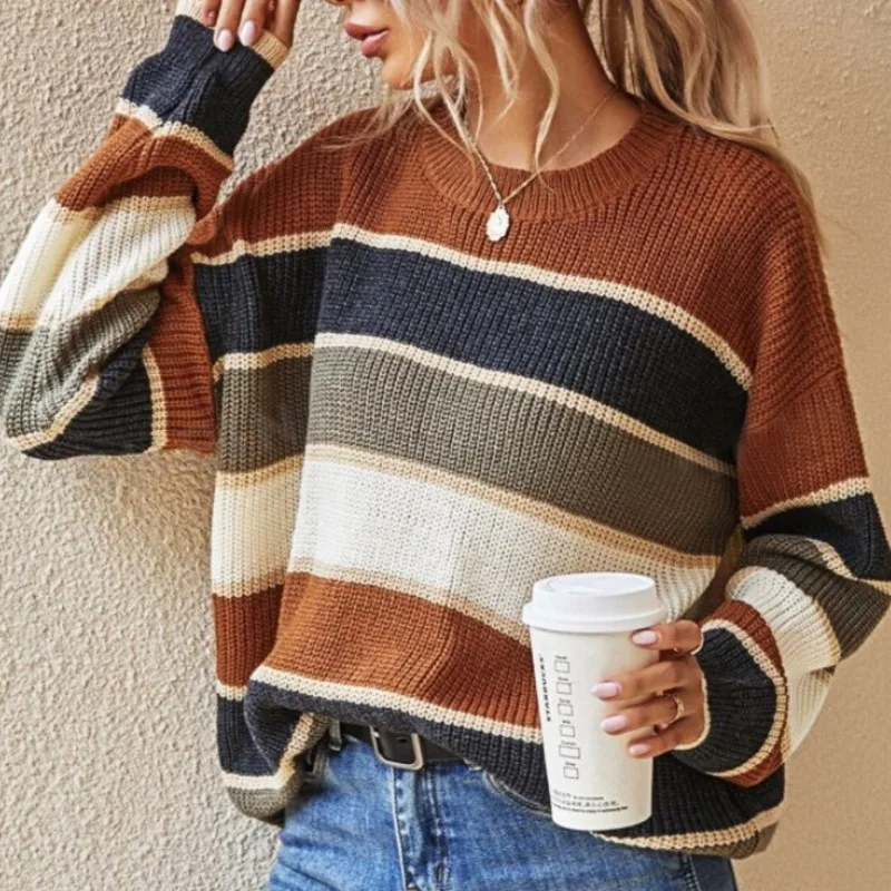 

Vintage Harajuku Loose Sweater Women Autumn Winter O Neck Oversized Knitted Pullover Casual Hit Color Striped Tops Streetwear