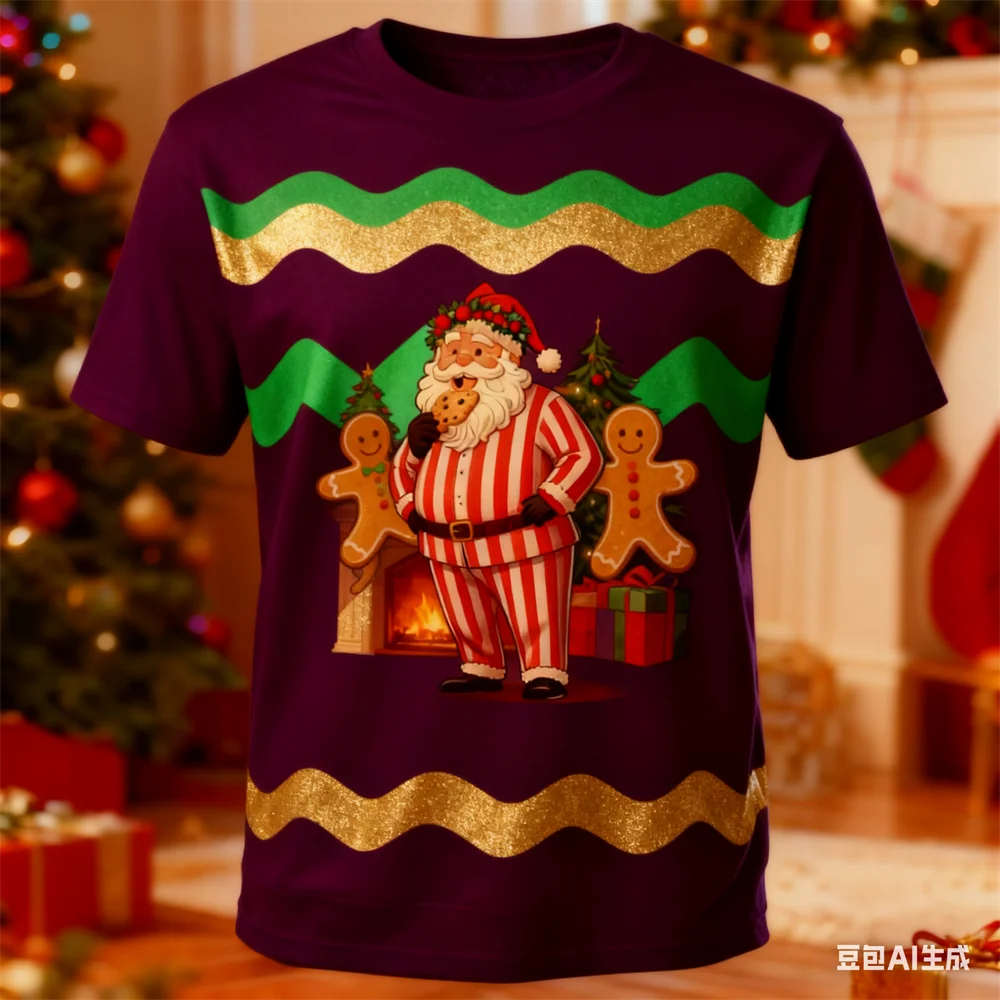 

3D Santa Claus Striped Pattern Printed Men's T-shirt Casual Fashion Crew Neck Short Sleeve Top New Year Party X'mas Men Clothing