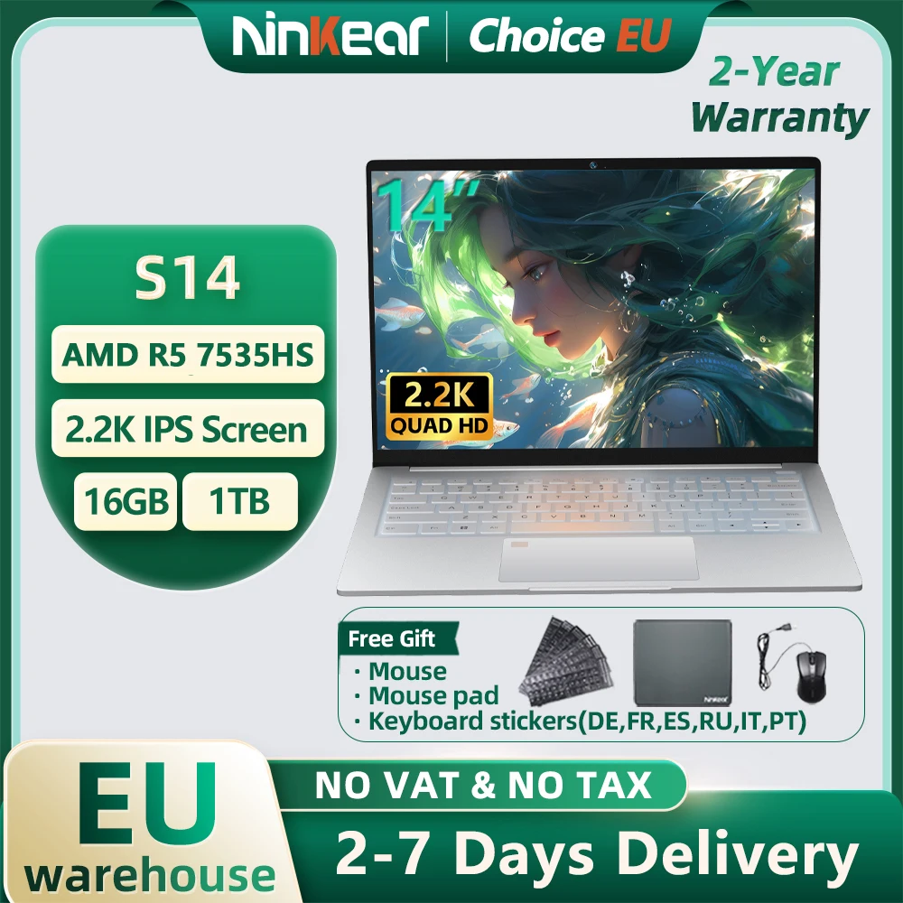 Ordinateur portable Ninkear S14 14 pouces 2.2K 100% sRGB IPS AMD Ryzen 5 7535HS 6 cœurs 4.55GHz 16 Go LPDDR5X 1 To SSD PCIe WiFi 6 BT5.3 Charge rapide PD65W 5195 mAh 1 kg Ultra léger Type-C Windows