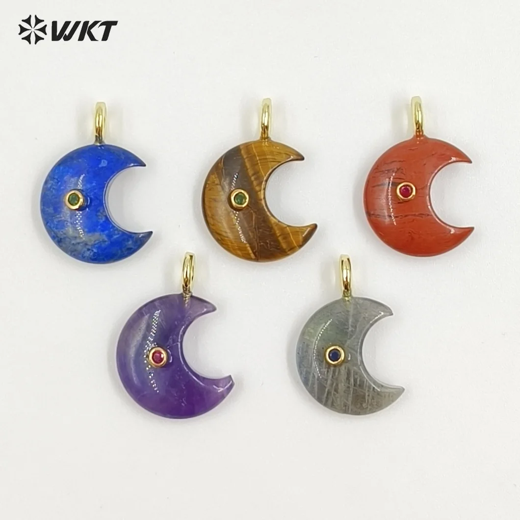 

WT-P2098 Wholesale Accessory Charms Moon Shape Tigereye Lapics Labradorite Gemstone With Zircon Paved Pendants Crafts