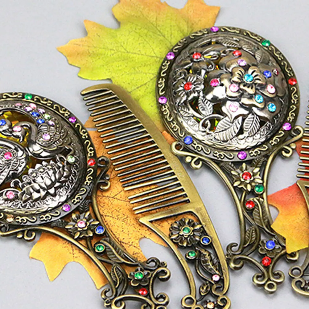 Metal Woman Mirror Compact Hair Comb Set Vintage Travel Clear HD Mirror Surface Portable Double Side Small Pocket Purse Handbag