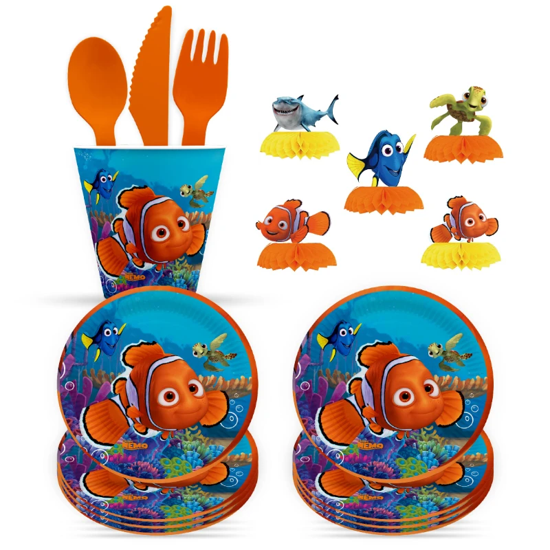 Disney Nemo Theme Cute Party Supplie Paper Cup Paper Plate Tableware Swirls Chliden Happy Birthday Celebration Packing Decorate