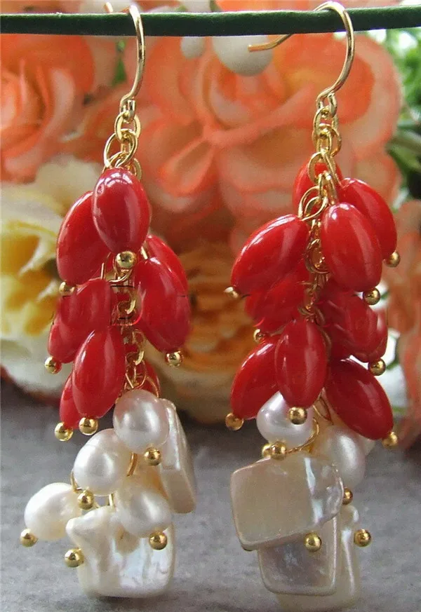 HABITOO White Pearl Red Coral Earrings Gold Plated Hook Earrings Ladies Pearl Earrings Jewelry Gift for Women