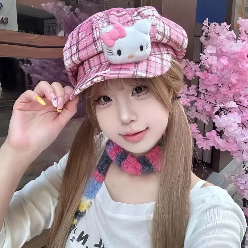 

Милая восьмиугольная шляпа в клетку «Hello Kitty», декоративная бейсболка с мультяшным бантом, милая изысканная кукла, декоративная модная шляпа, подарок на праздник