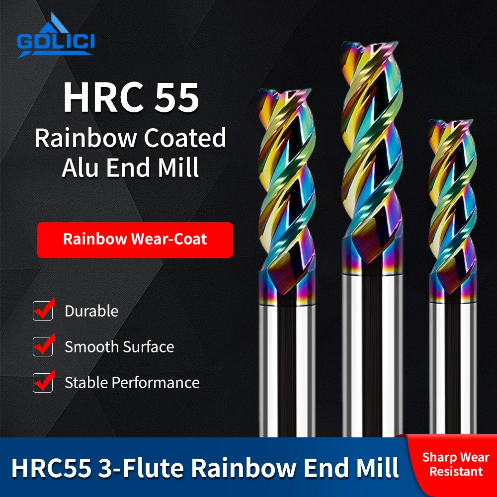 

55 ° 3-зубая твердосплавная концевая фреза с радужным покрытием и износостойким покрытием для алюминия, глянцевая отделка
