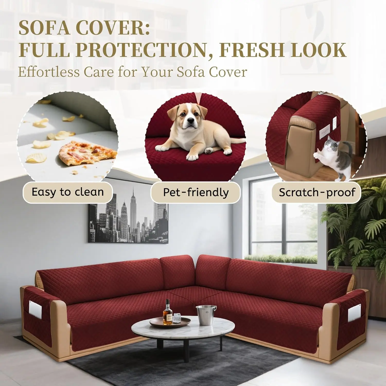 Sarung Sofa Bentuk L Anti Air untuk Anjing, Ramah Hewan Peliharaan, Beludru, Dapat Dicuci, Anti Selip dengan Kantong (Merah Anggur, Ukuran XX-Large)