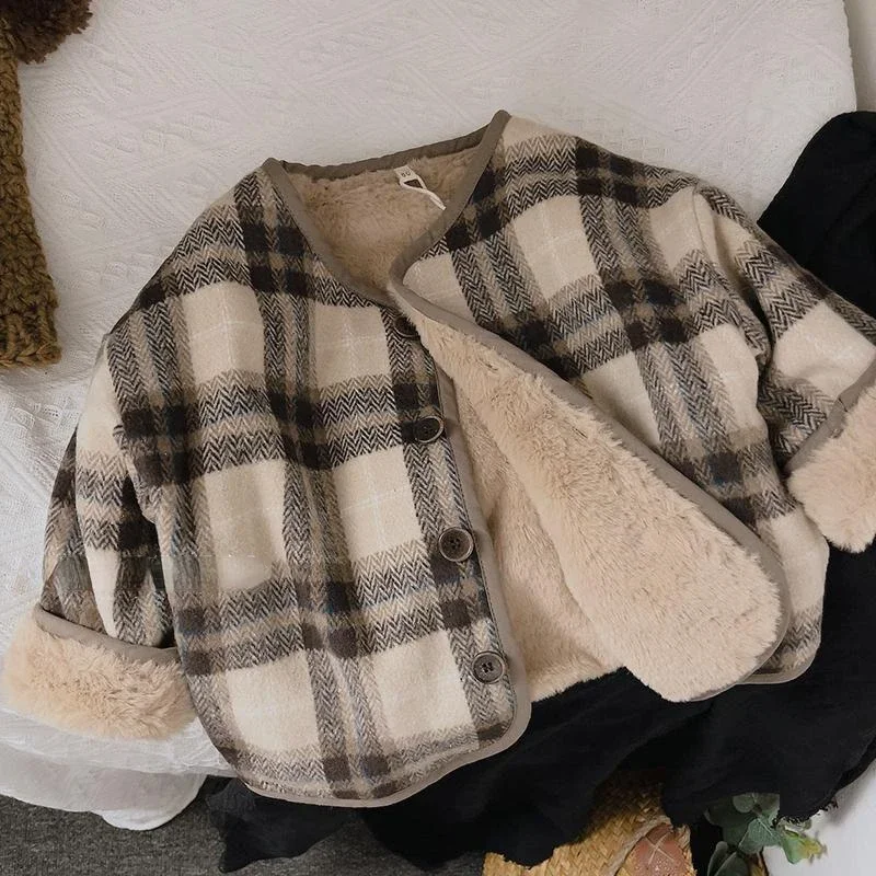 Woolen Plaid Children's Plush Coat Korean Version Autumn and Winter New Boys' and Girls' Coats Loose Baby Cotton Padded Clothes