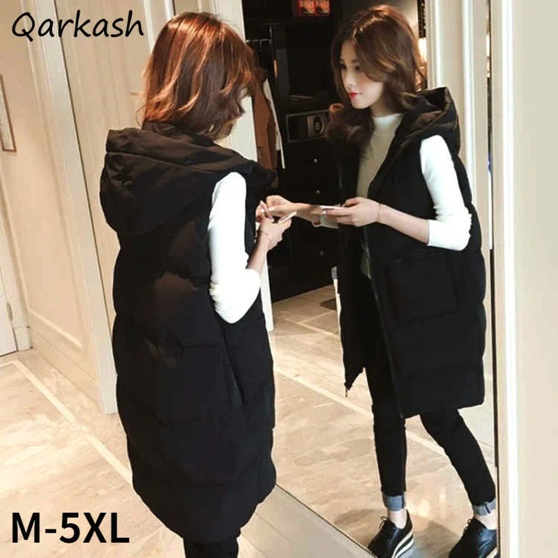 

M-3XL Vests Women Winter Hooded Warm Long Style Zipper 3 Colors Elegant Simple Soft Cotton Leisure Outwear Fashion Ulzzang 2023