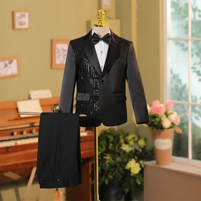 New Children's Sequins Prom Suits Wedding Birthday Party Host Piano Performs a Walk Show Tuxedo Boys Blazer Sets A4111 Vestidos