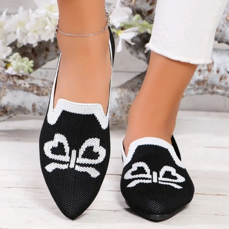 

Новинка 2025 года, туфли на плоской подошве с острым носком, однотонные вязаные туфли без шнуровки, повседневные дышащие балетки, женские туфли на плоской подошве, женские лоферы