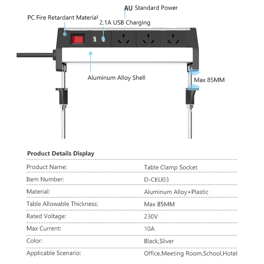 Melery AU Desk Power Strip Wtyczki elektryczne Gniazda Zacisk na gniazda stołu konferencyjnego Podwójny port USB do blatu barowego Biuro domowe