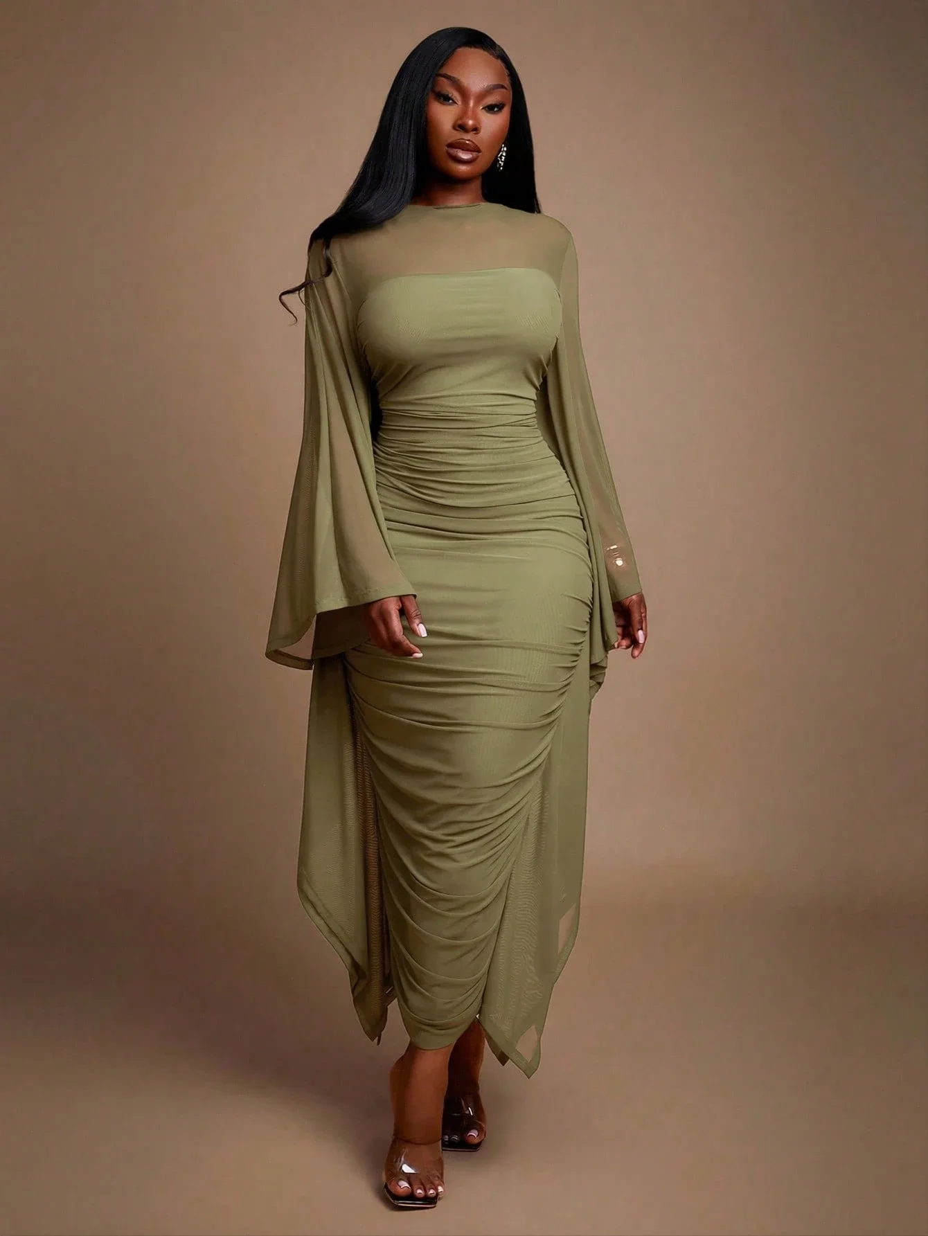 

Army Green Long Sleeve Ruched Knitted Dress With Sheer Overlay And Split Hem