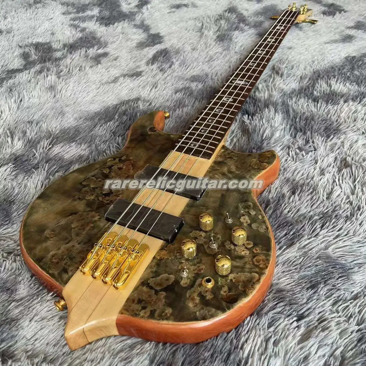 In Stock Natural Spalted Maple Burl Top 4 String Electric Bass Guitar Neck Through Body Pearl Inlay Gold Hardware 9V Battery Box