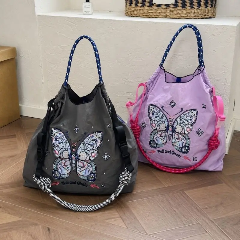 New Style Women's Handbag with Embroidered Butterfly, Bohemian Style, Large Capacity Shoulder Bag, Hand-Held Shopping Bag, Lightweight Foldable Bag for All Seasons - view 4