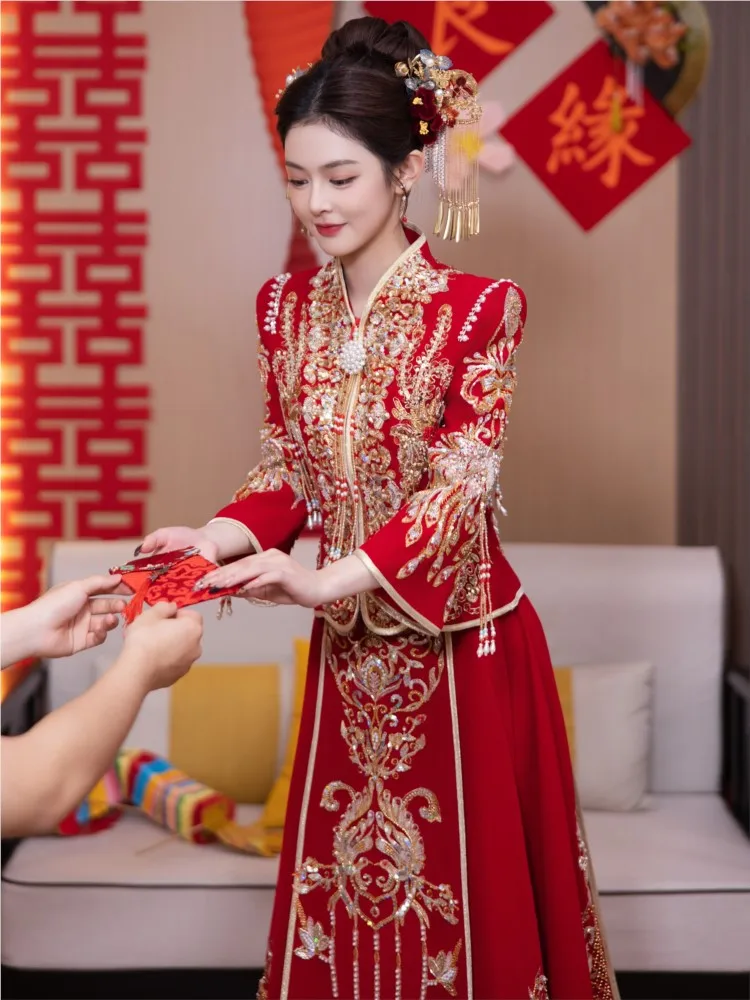 

Новое бархатное платье для тяжелой промышленности, свадьба в китайском стиле для невест, тостов и женщин