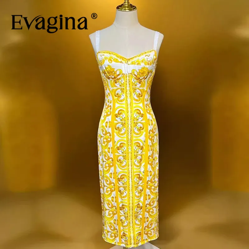 Evagina Summer Women's Dress Sexy Spaghetti Strap Backless Square-Neck High-End Slim Baroque Print Silk Dresses