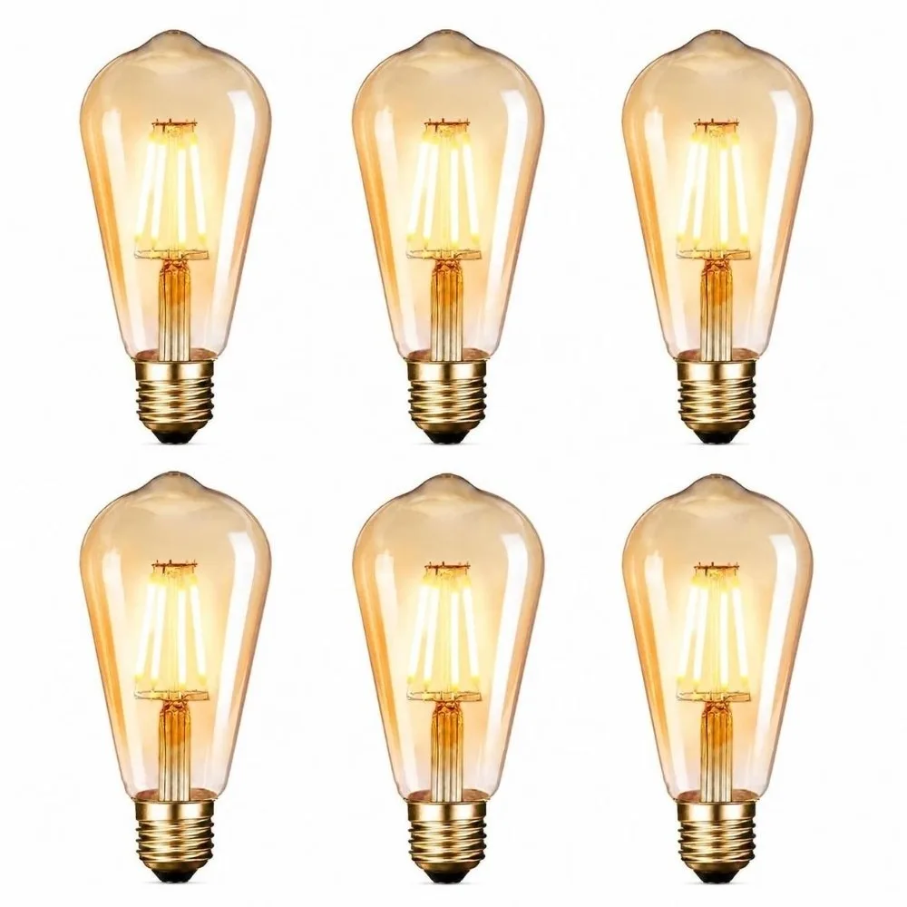 6 Pack Decorative 110-130V Filament Bulb ST19 Shape E26 Base Light Bulb Amber Glass 2700K Warm White LED Bulb Pendant Light