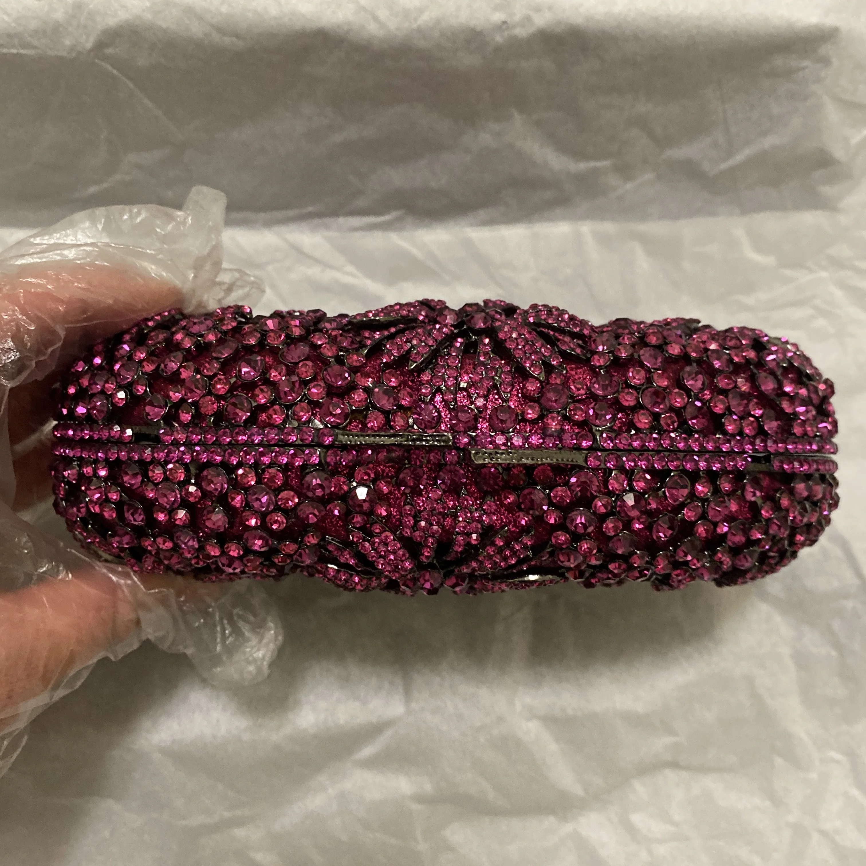 Fuchsia/Pink/Purple Diamond Floral Evening Bags Women Clutches Party Wedding Rhinestones Oval Shape Clutch Girls Purse Wallet