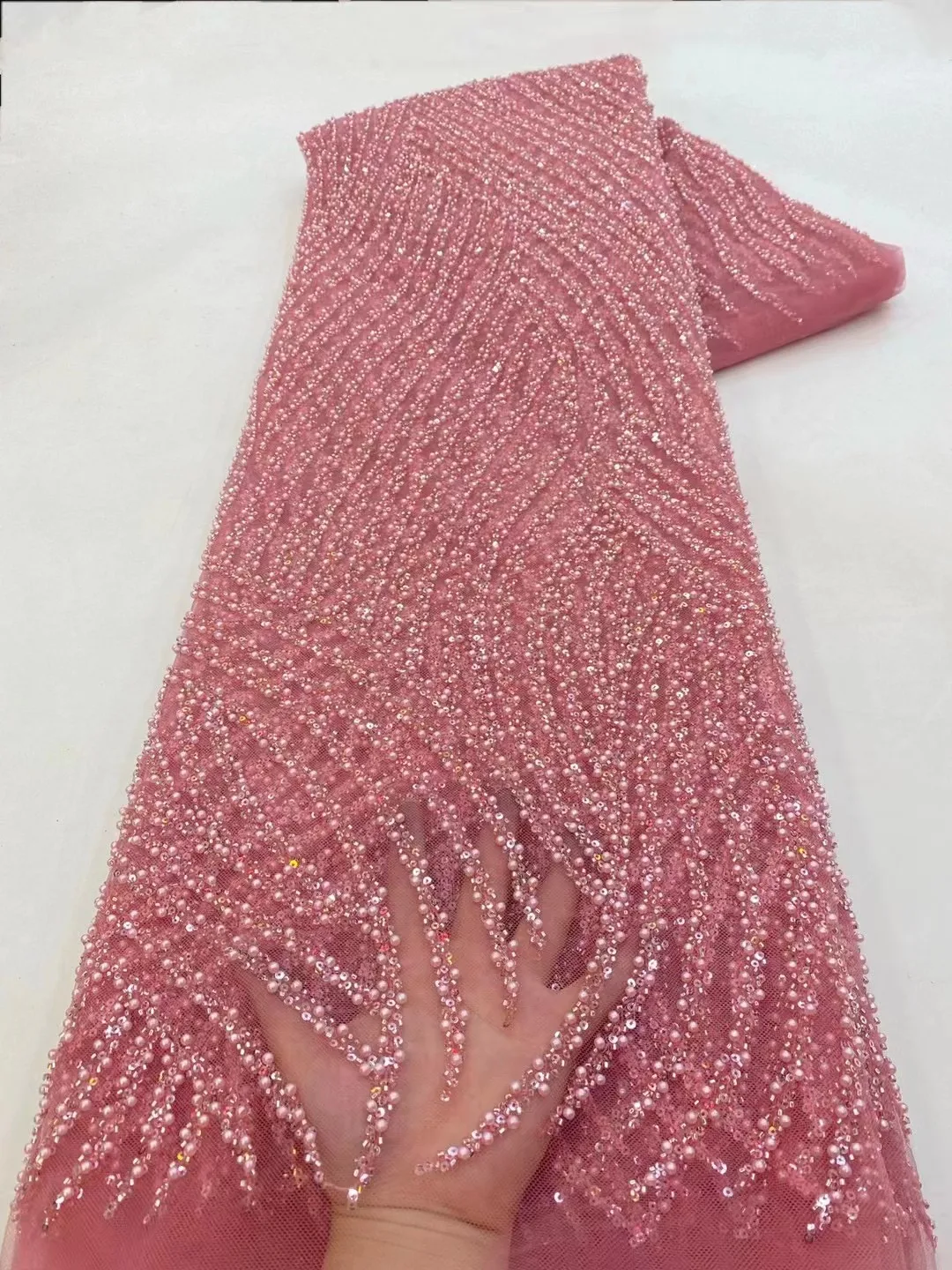 Gorgeous Heavy Beaded Fabric Pink African Sequin Tulle Net Embroidery for Sewing Wedding Party Dress, Dubai Pearl Bridal Fabrics