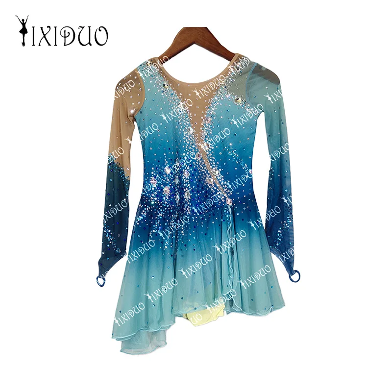 

Blue Gradient Figure Skating Dress Shiny Training Competition Skating Outfits Long Sleeve Dance Wear Child Performance Costume