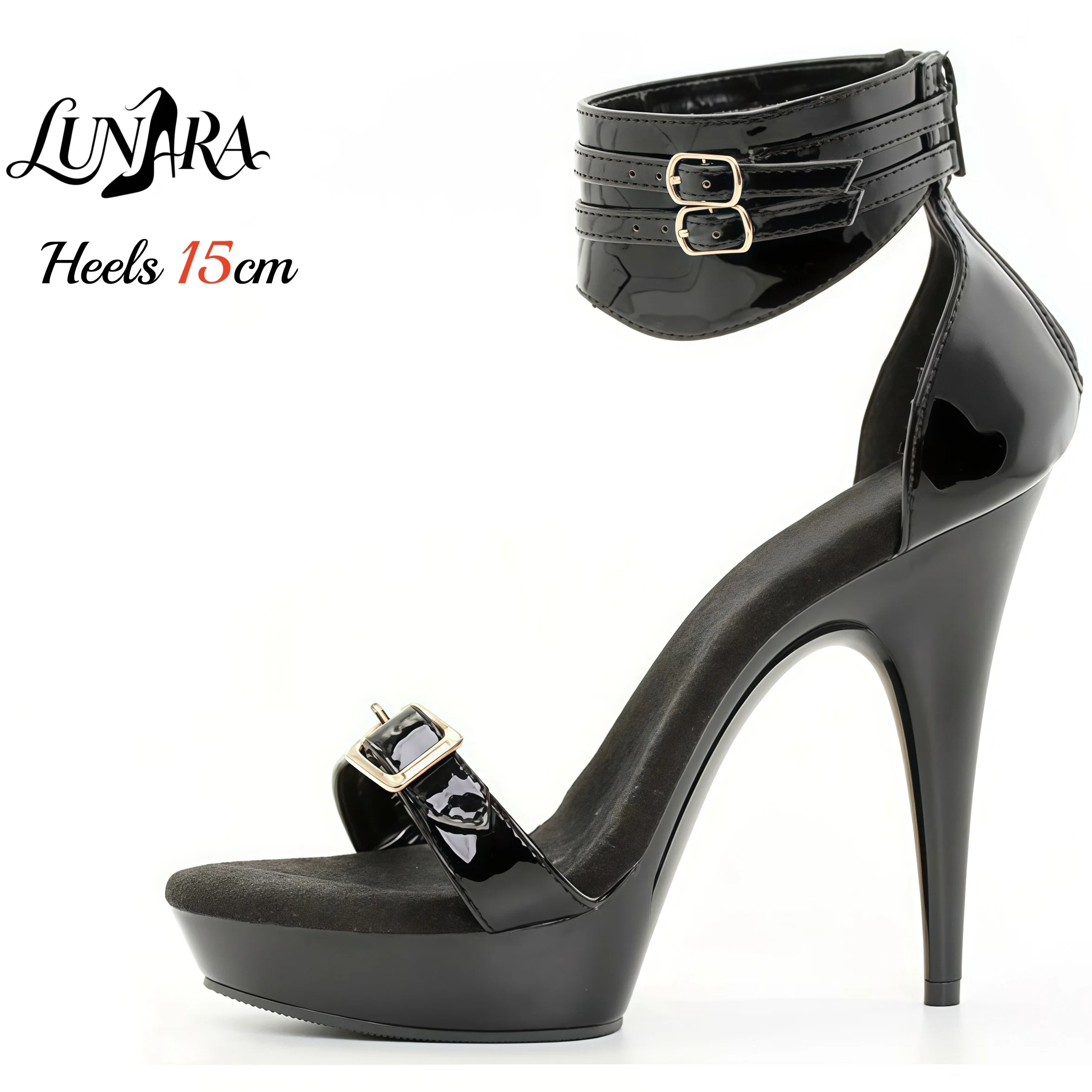 15cm Black Patent PU High Heel Sandals Double Buckle Ankle Cuff Open Toe Non-slip Sexy Stage Performance Nightclub Shoes
