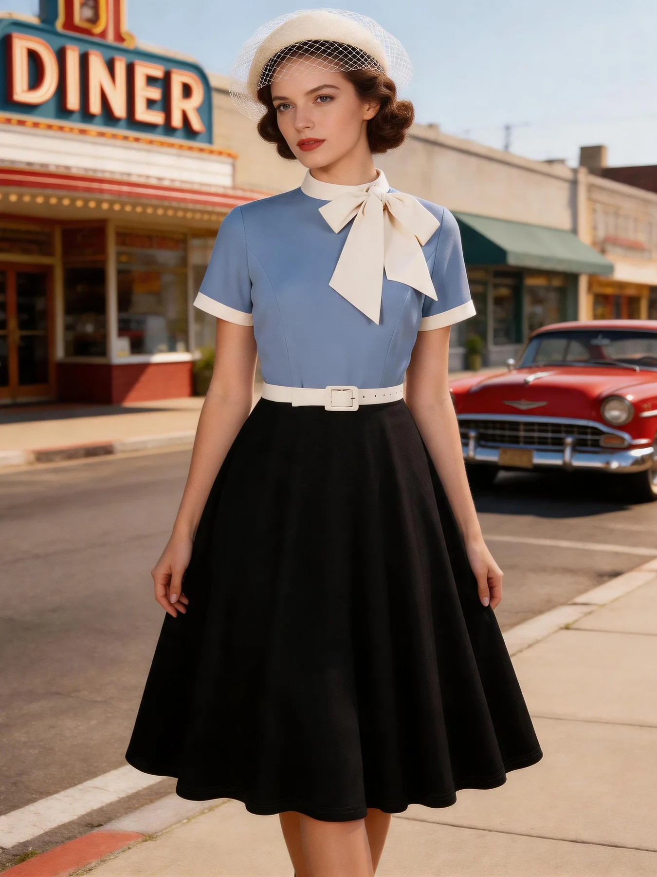Tonval Bow Neck Two Tone Patchwork Women Vintage 2025 Summer Short Sleeve Belted Swing Dresses for 1950s Party