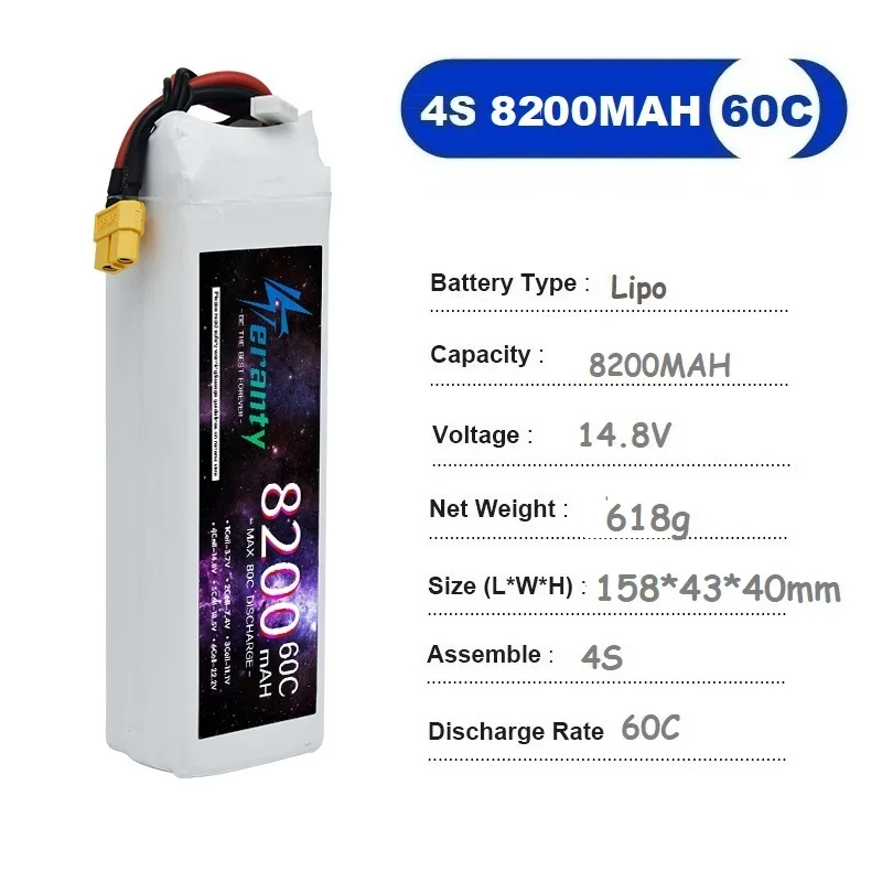 Teranty 14.8V 60C 8200mAh 4S Lipo Battery with Deans XT60 XT90 EC8 For RC Car Model Boat Truck Helicopter Airplane Racing