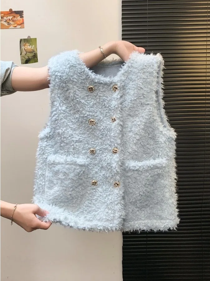 

Корейский Sle Gentle Lamb Velvet Svel жилет женский осенне-зимний кожаный меховой интегрированный кардиган с двойной пуговицей топ