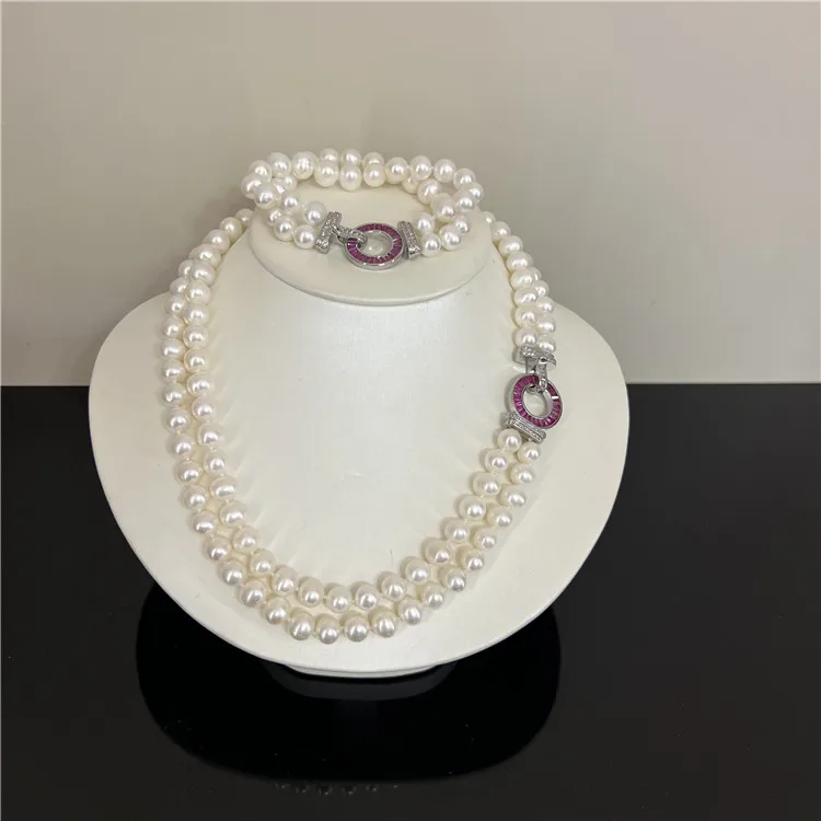 

2 Strands Natural Cultured White Pearl Necklace Bracelet Sets For Lady