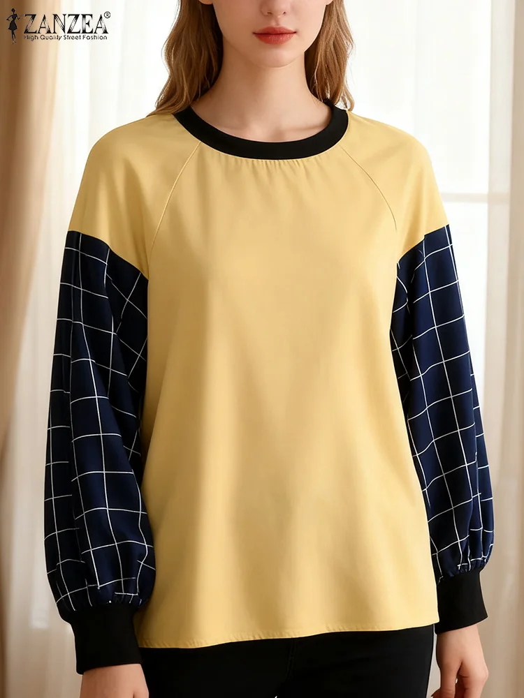 

2025 ZANZEA Women Autumn Patchwork Blouse Elegant Office Work Shirt Stylish Woman Long Lantern Sleeve Tops Casual O Neck Blusas