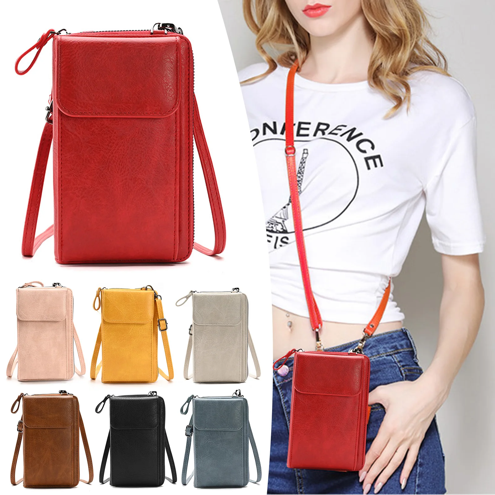 

Solid-color Cross-body Wallet Lightweight Zipper Phone Pouch For Shopping