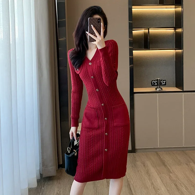 

Women Long Sleeve V-Neck Bodycon Knit Sweater Dress with Pockets Button Front Knee-Length Dress Women Clothing 2023 Winter