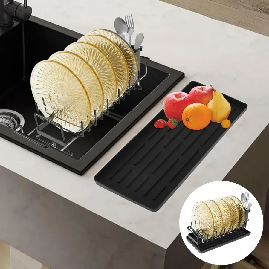 2 قطعة رف تجفيف الأطباق القابل للتوسيع من الفولاذ الكربوني لتمديد الأطباق تجفيف الأطباق متعدد الوظائف حامل أواني رف توفير المساحة للمطبخ