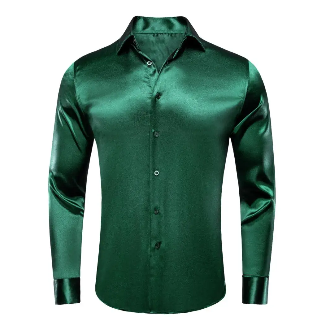 Hi-Tie Mens Big Size Green Silk Satin Shirts Lapel Collar Solid Long Sleeve Social Dress Shirt Soft High Quality Blouse for Male