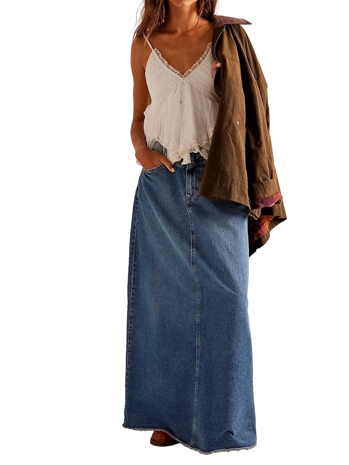 Vintage A-Line Denim Skirt For Women Casual High Waist Frayed Hem Jean Long Skirts With Pockets Fashion Streetwear Y2k Clothes