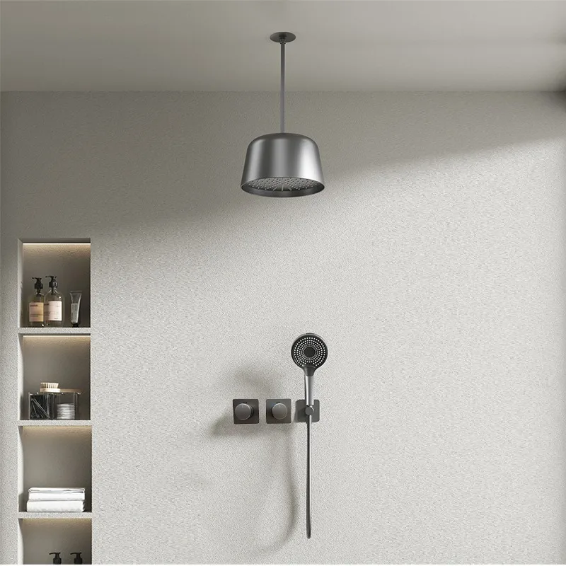 

All Copper Gun Gray Concealed In Wall Hot And Cold Shower Head Set Large Water Output Ceiling Mounted Shower System