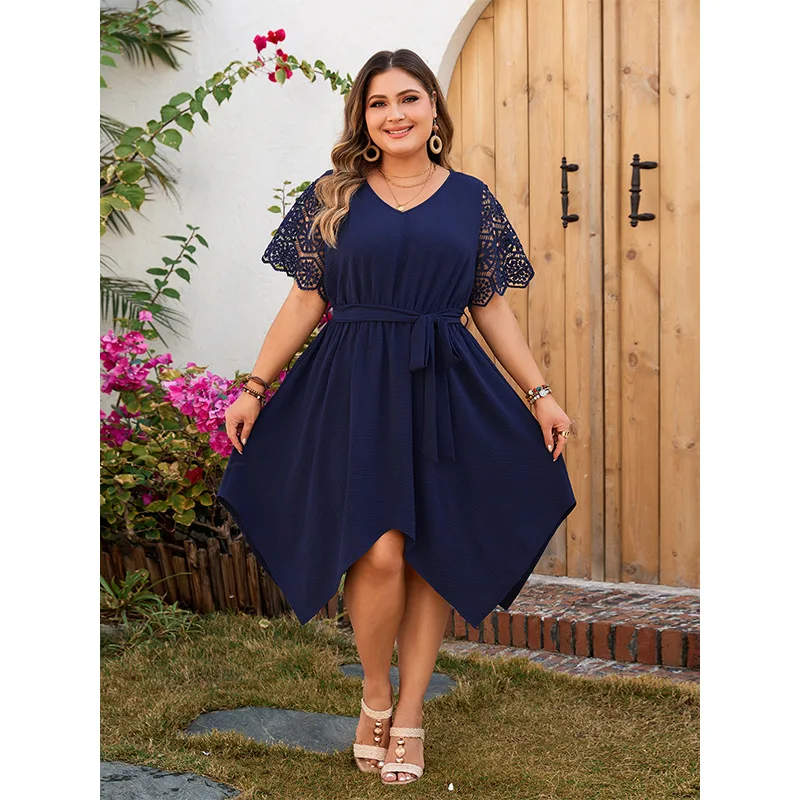 Plus Size Jurk Zomer V-Hals Marineblauwe Stevige Hoge Taille Jurk Voor Dames Holle Mouw Oversized Kleding Knielengte