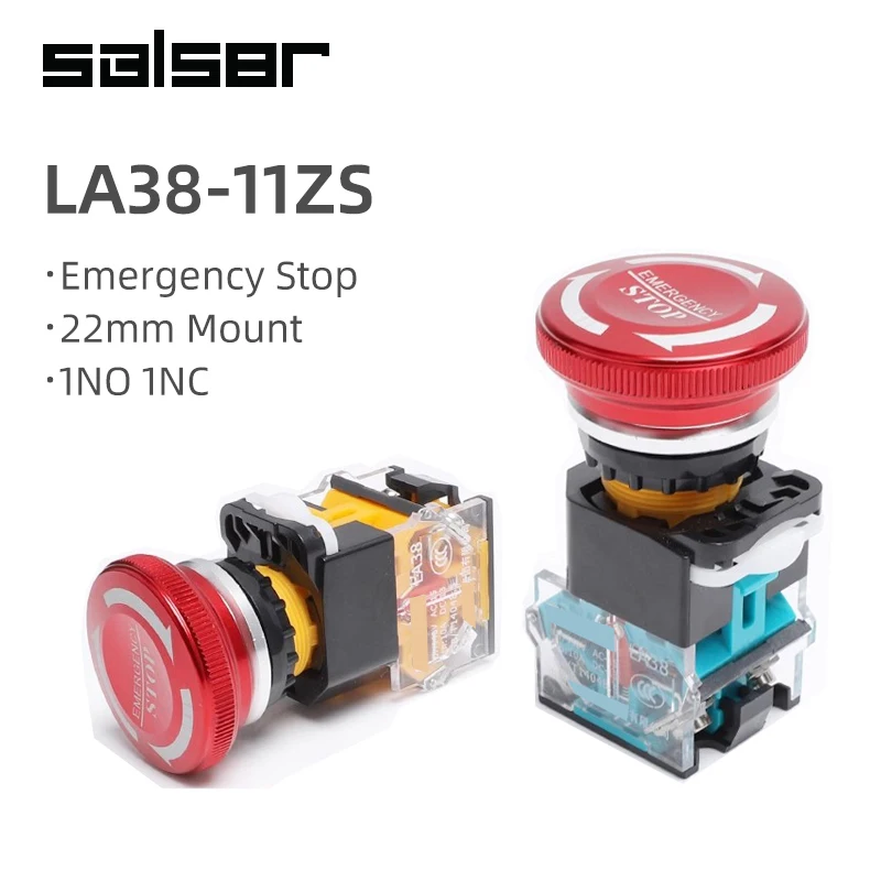 

22mm Metal Emergency Stop LA38 Push Button Switch Power Control 1NO1NC Brass/Silver Contact Easy Installation