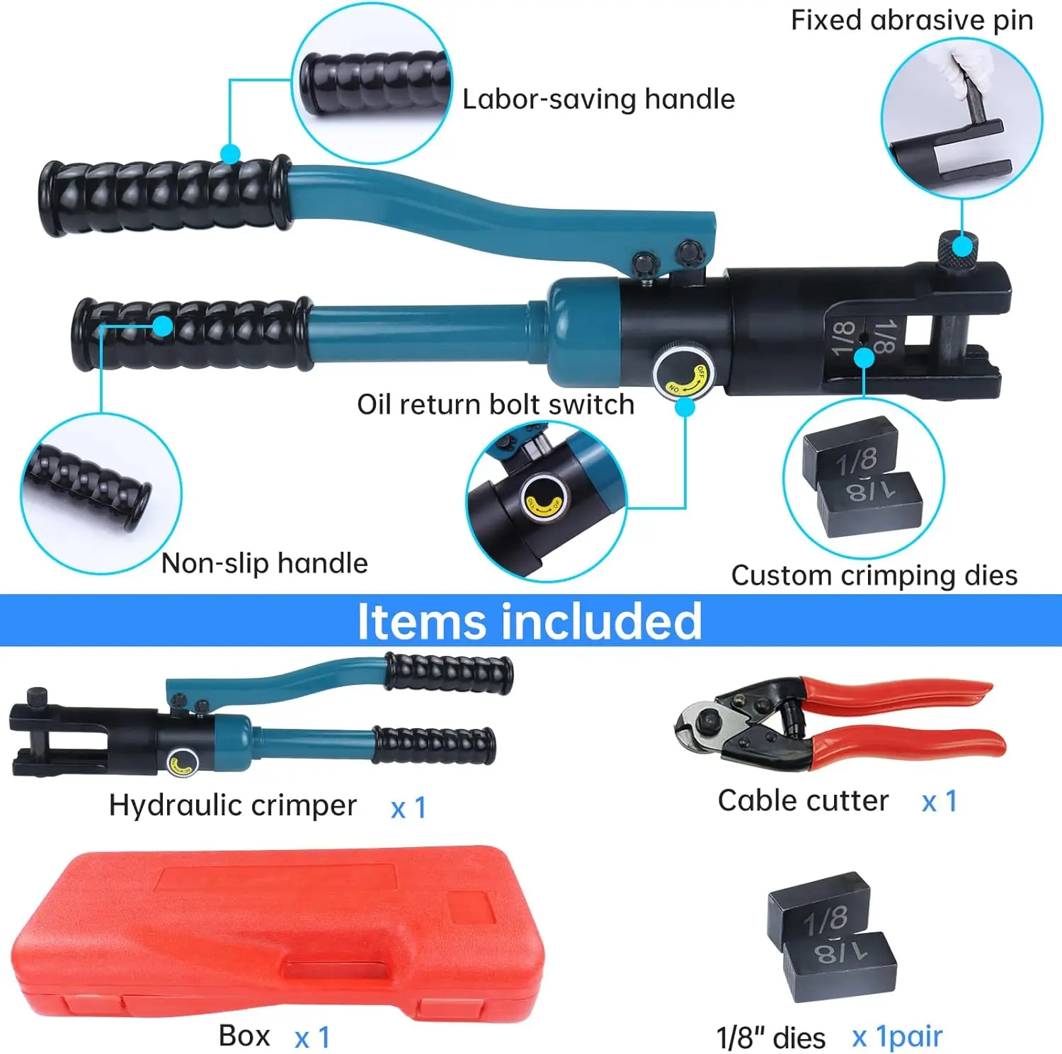 Hydraulic Cable Railing Crimper Tool with Cutter for 1/8" Stainless Steel Wire Rope Swaging Kit