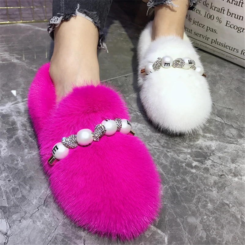 

Real Mink Fur Women Winter Warm Flats Slip-on Beading Creepers Casual Moccasins Ladies Footwear White Zapatos Mujer Espadrilles