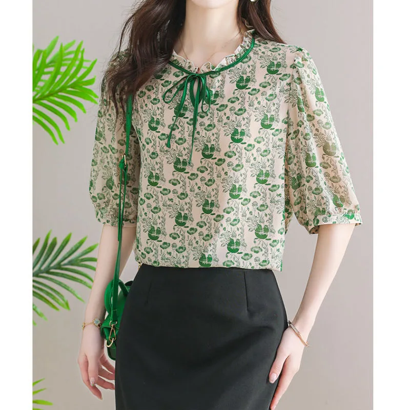 Elegant Temperament Printed Chiffon Blouse for Women 2023 Summer Fashion All-match Short Sleeve Shirt Summer Female Clothing