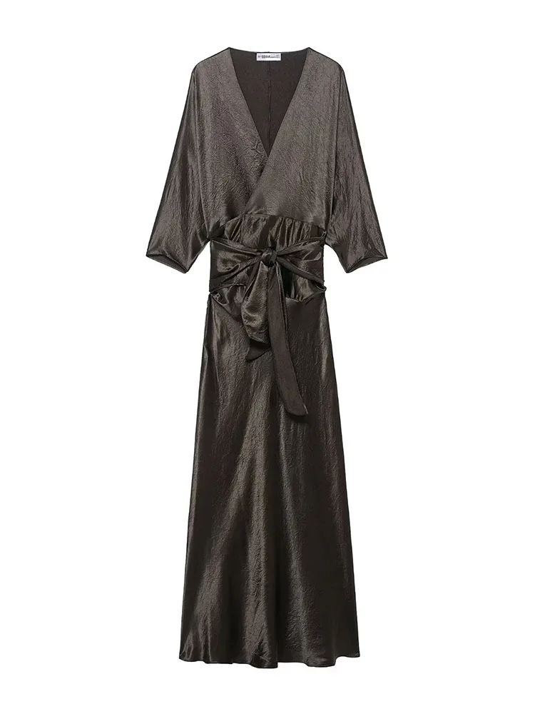 HH Women Summer Sexy Deep V-Neck Silk Satin Texture Belt Decoration Midi Dress Female Fashion Short Sleeve Solid Casual Dress