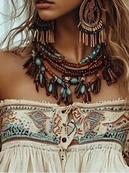 Chic Bohemian Off Shoulder Blouse with Ethnic Style Prints Lantern Sleeves Single Breasted Shirts for Summer Autumn Casual Tops