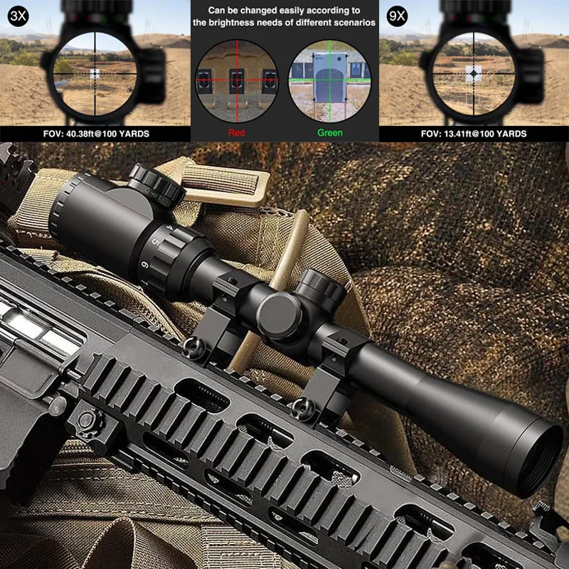 

3-9x40 Rifle Scope Red Green Illuminated Optical Riflescope Mil dot Reticle Scope for Hunting with Mounts